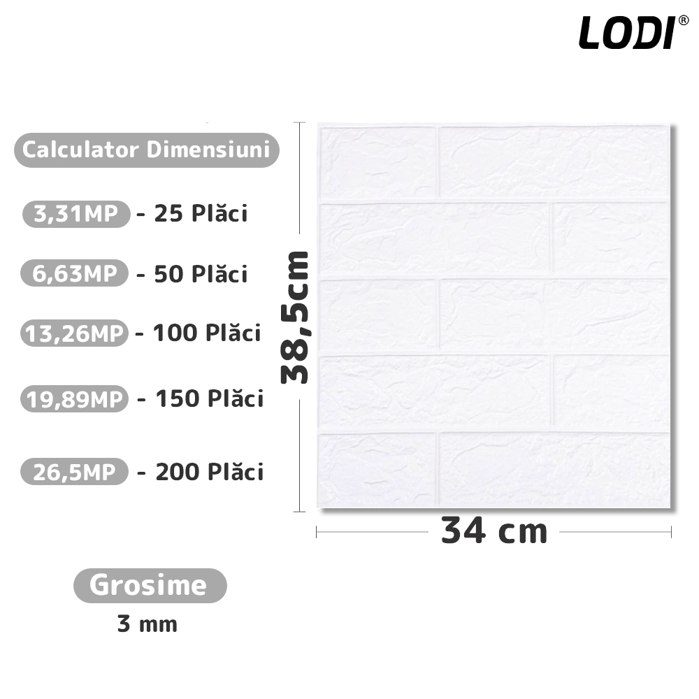 Set Tapet Mic Caramida 3D Lodi102, suprafata acoperire 3.31 mp, autoadeziv, waterproof, usor de montat, design modern, 38.5x34 cm, alb