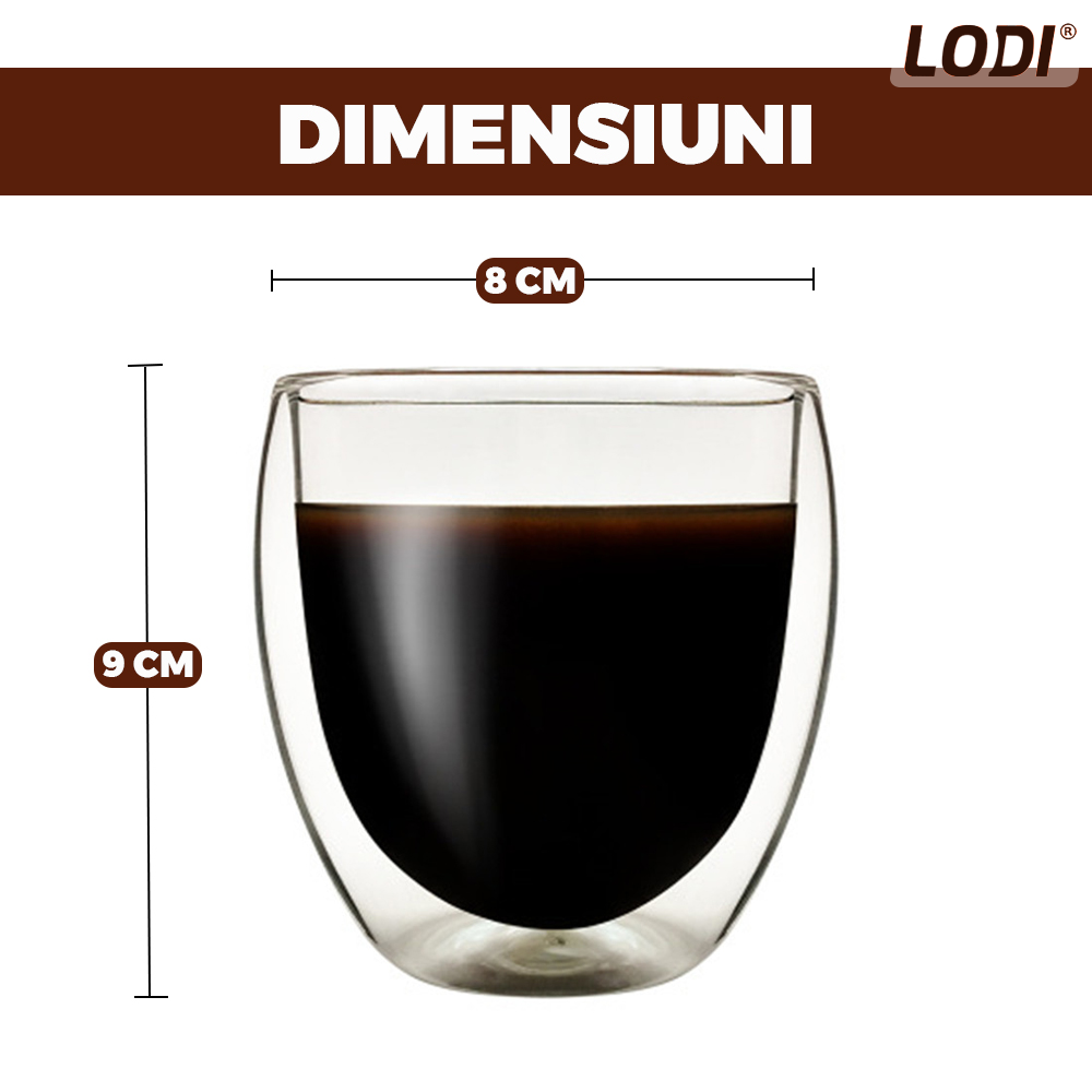 Set 4 pahare din sticla cu perete dublu Lodi419, termorezistente, design modern, capacitate 250 ml, 9 x 8 cm