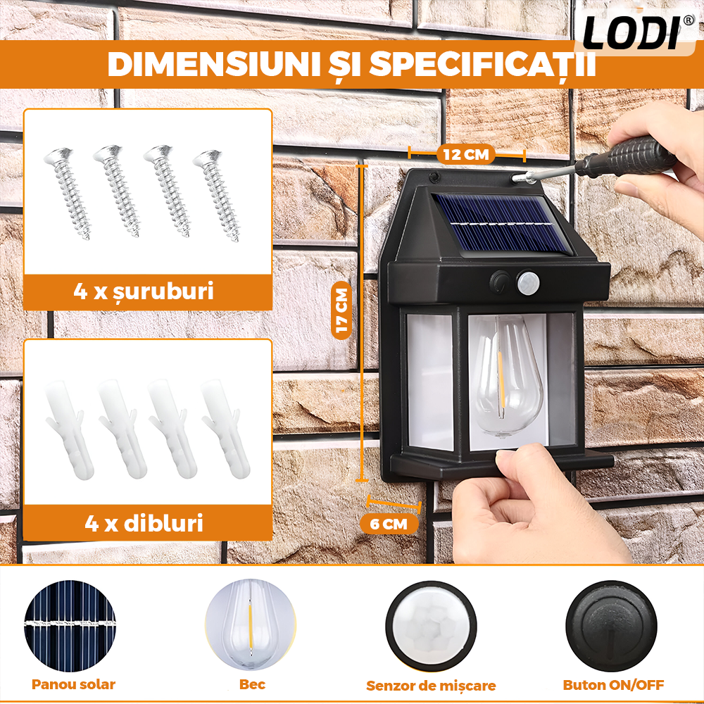 Lampa Solara de Perete LED Tip Felinar Lodi1248, senzor de miscare 5-8 metri, fara fir, 3 moduri de iluminare, protectie IP65, Waterproof, exterior, negru