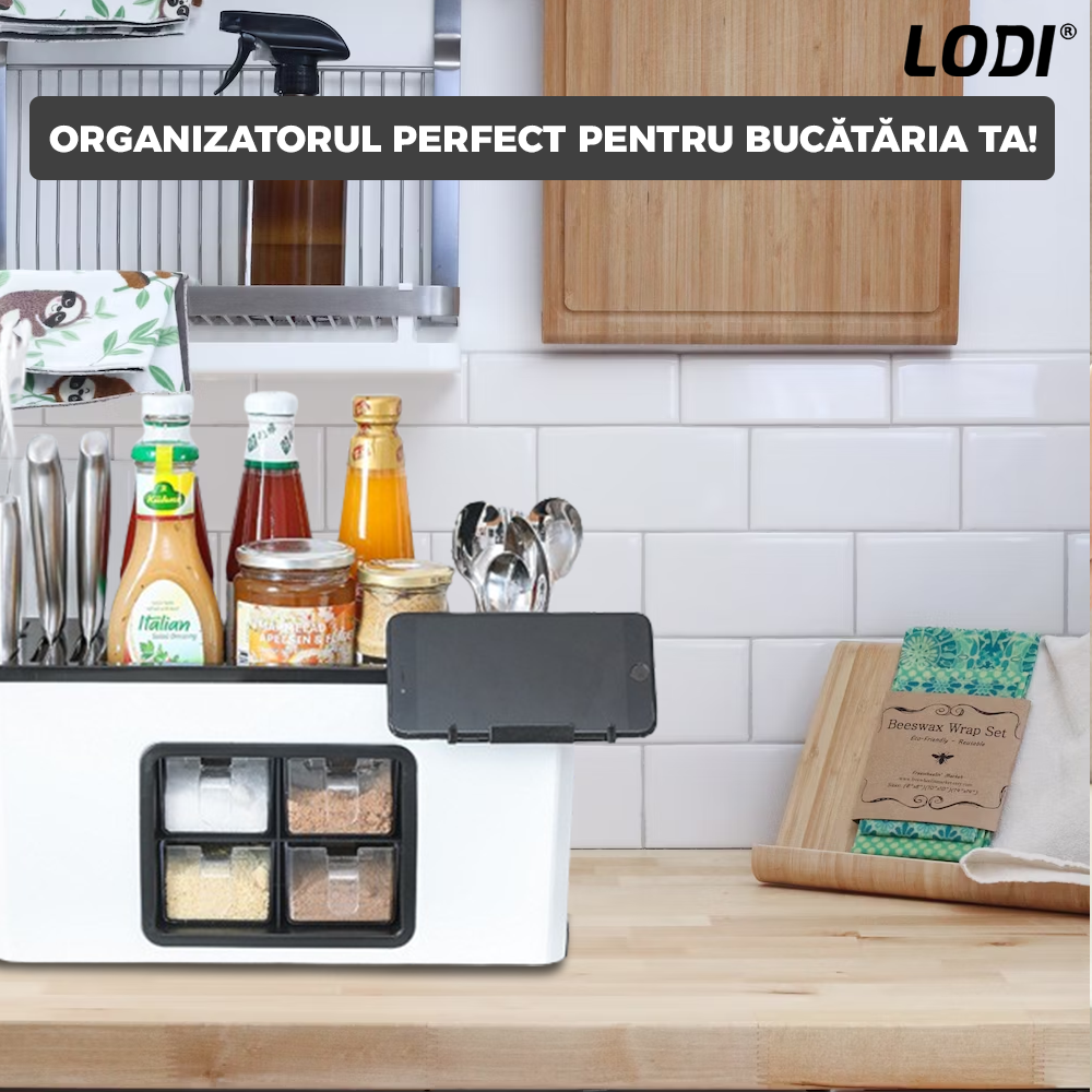 Organizator Multifunctional pentru Bucatarie Lodi534, 4 Compartimente, raft condimente, suport detasabil telefon, tavita de scurgere, suport tacamuri/ustensile, alb