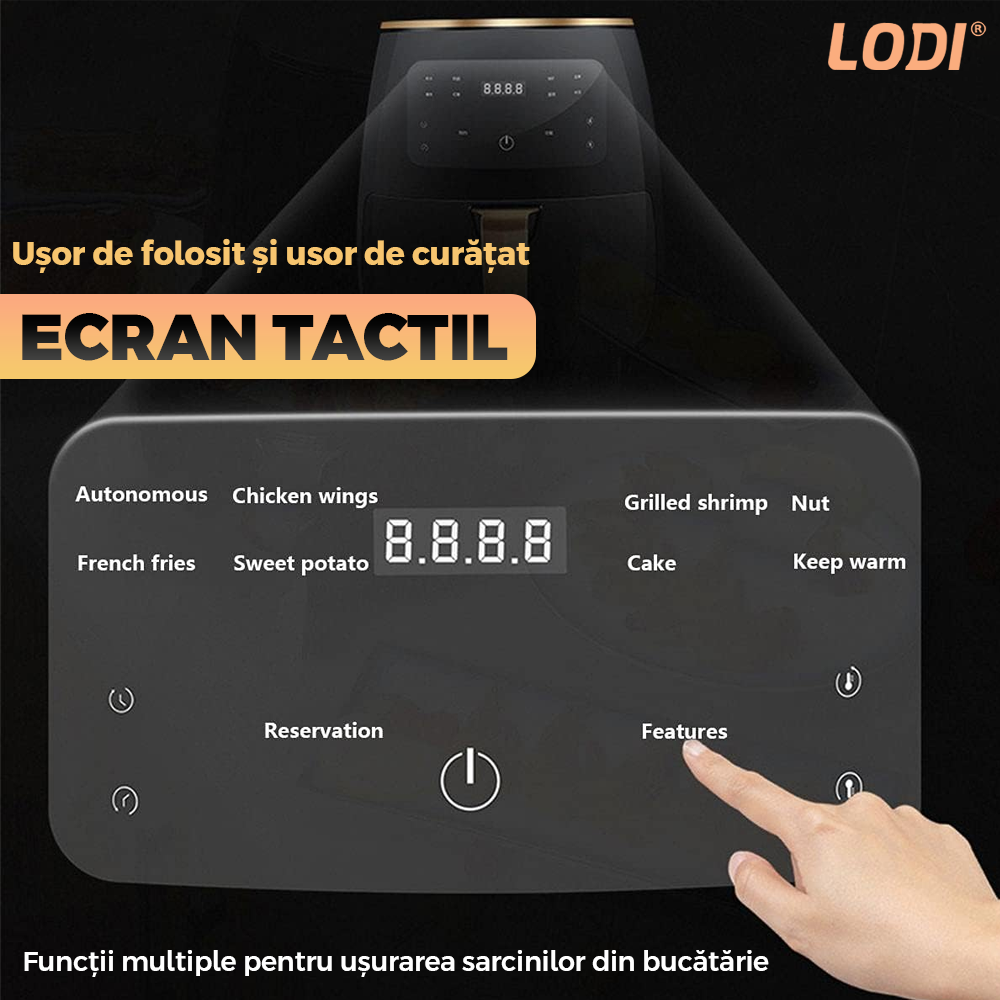 Friteuza Fara Ulei Air Fryer Lodi854, 100 tavi de copt cadou, tehnologie smart sensing, programe smart chef automate, afisaj digital, capacitate 4.5 L, tehnologie de eliminare a grasimii, functie de pastrare la cald,tensiune alimentare 220 V, negru