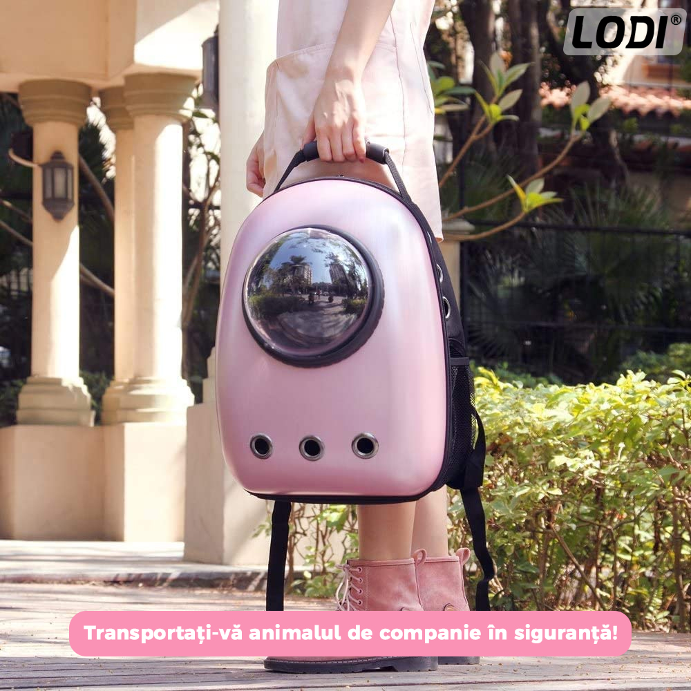 Rucsac Transport Animale Lodi23, greutate Max 7kg, hublou transparent, buzunar lateral, accesorii incluse, pentru talie mica, roz