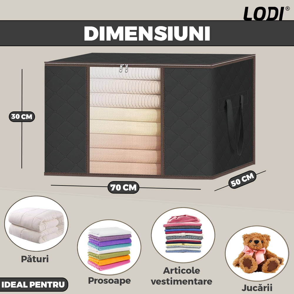 Cutie Depozitare si Organizare Mare Lodi1026, pliabila, maner ranforsat si fereastra transparenta, pentru haine/paturi/ plapumi/ perne/ lenjerii de pat/jucarii, 105 L, 70x 50x 30 cm, negru