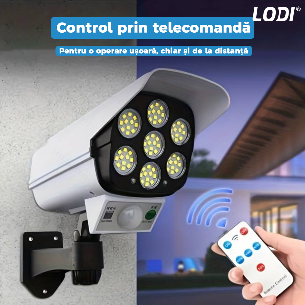 Lampa Solara 77 LED-uri Lodi264, tip camera, senzor de miscare, 3 moduri de iluminare, protectie IP65, Waterproof, exterior, telecomanda, alb