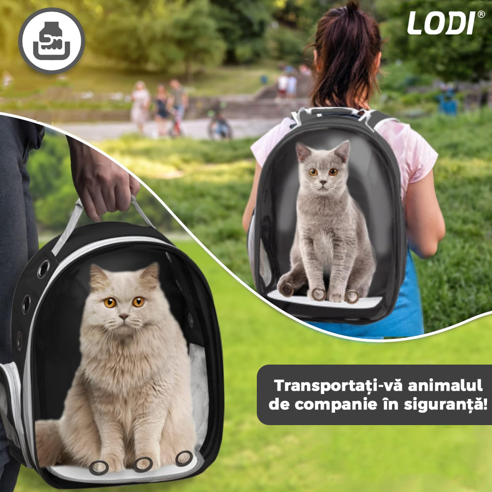 Rucsac Transport Animale Lodi372, greutate Max 7kg, hublou panoramic transparent, buzunar lateral, 2 iesiri, pentru talie mica, negru