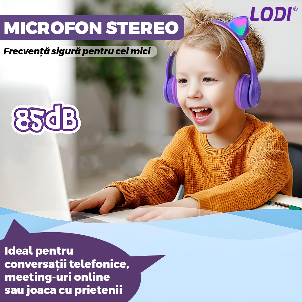 Casti Wireless Model Pisica Lodi952, P47M, overear, urechi de pisica cu iluminare RGB, bluetooth 5.0, handsfree, HiFi, bass stereo, mov