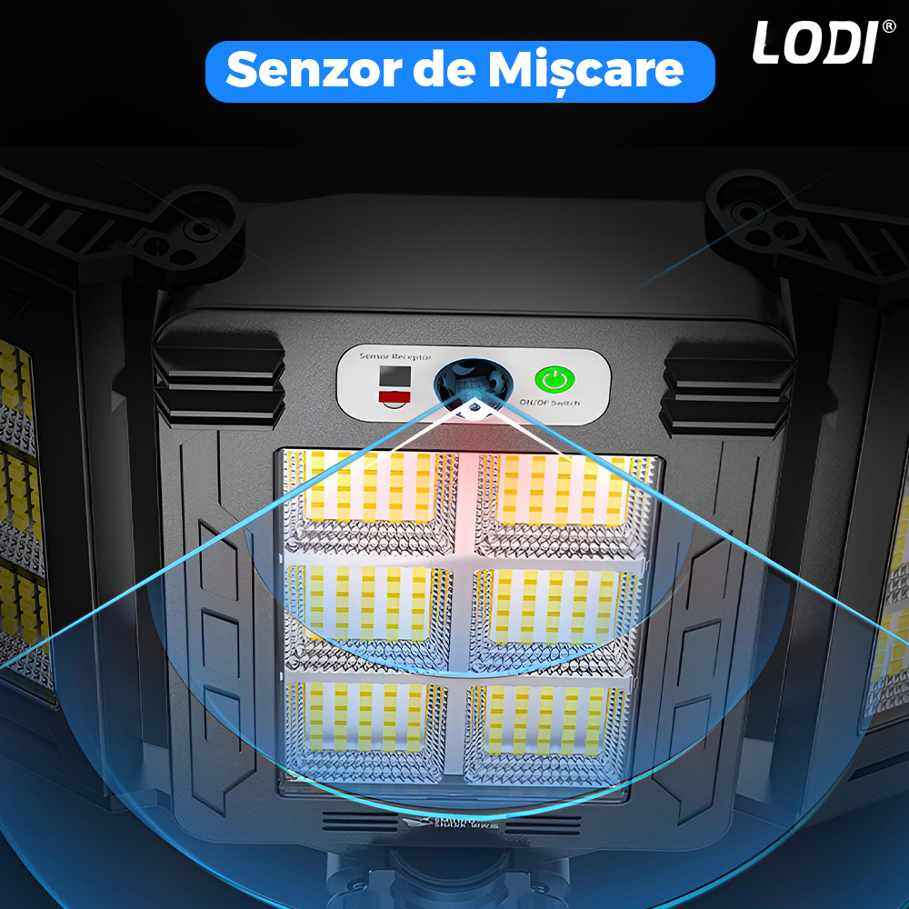 Lampa Solara Stradala 400 LED-uri Lodi872, 3 capete, control prin telecomanda, senzor de miscare, 3 moduri de iluminare, protectie IP65, Waterproof, exterior, negru