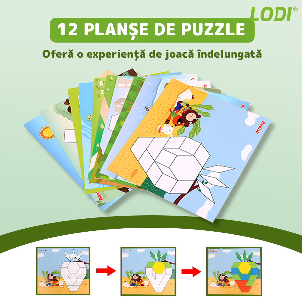 Joc Educativ din Lemn Lodi1172, Tangram cu 250 piese, 12 planse de puzzle, cifre și simboluri matematice, dezvolta inteligenta, culori non-toxice, multicolor