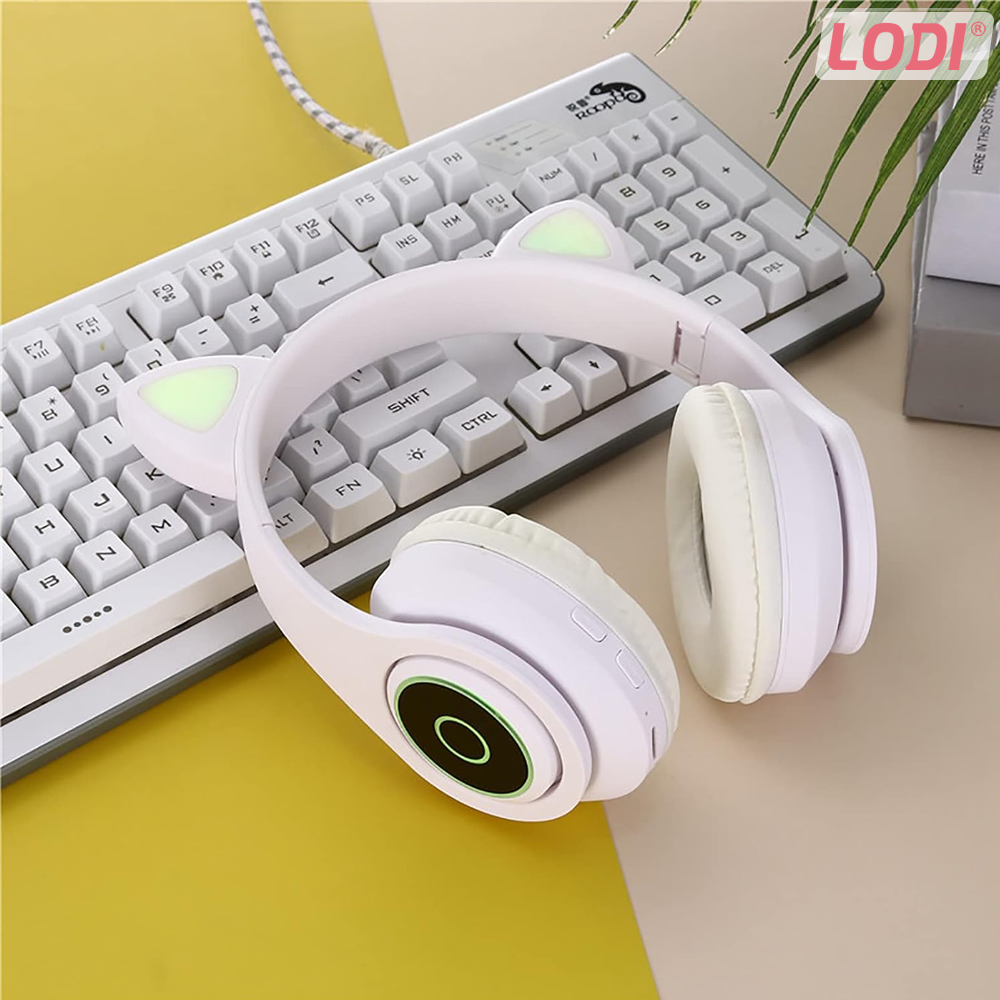 Casti Wireless Model Pisica Lodi1446, B39, overear, urechi de pisica cu iluminare RGB, bluetooth 5.0, handsfree, HiFi, bass stereo, alb