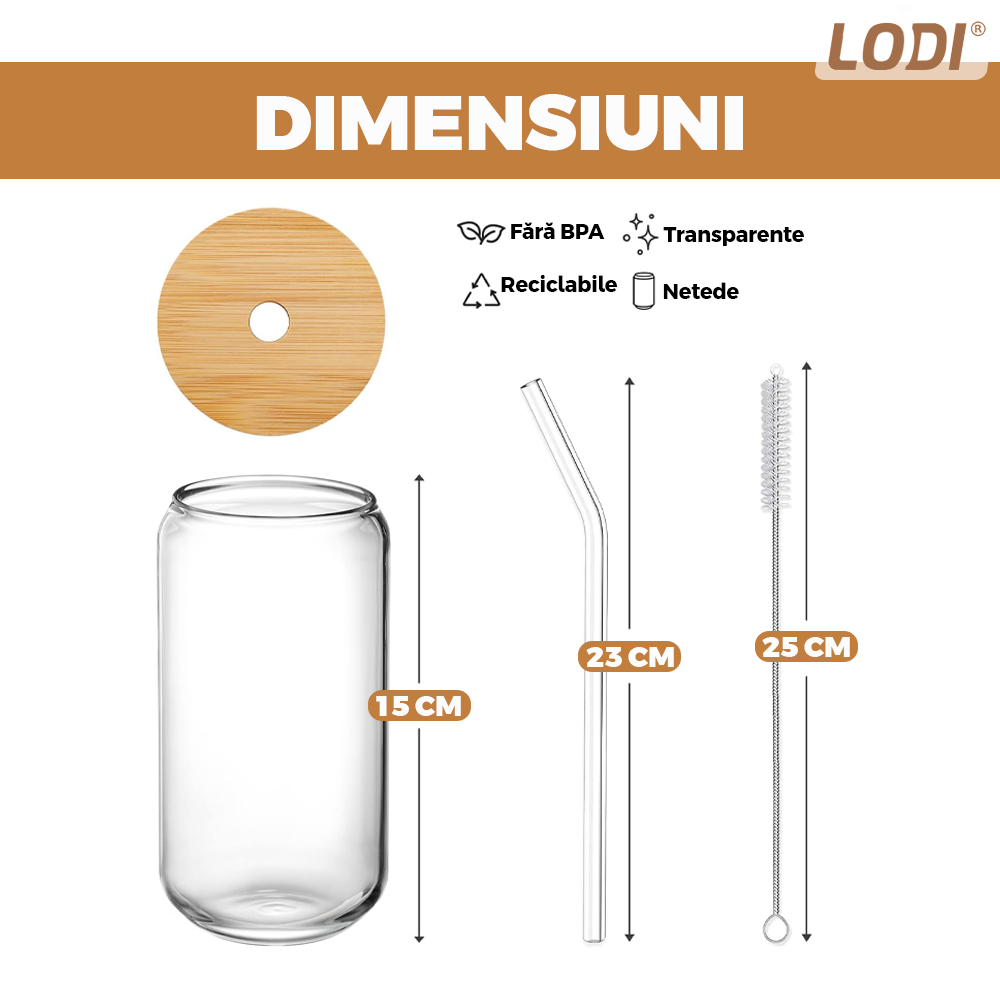 Set 4 Pahare de Sticla cu Capac si Pai Lodi1005, sticla borosilicata, perie pentru curatare inclusa, capac din bambus, design modern, termorezistente, capacitate 500 ml, 15 cm