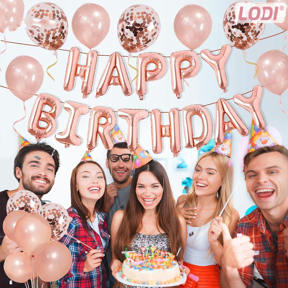 Set 25 Baloane Lodi754, Litere, pentru Petreceri/Aniversari/Evenimente, confetti, inimioare, model HAPPY BIRTHDAY, rose gold