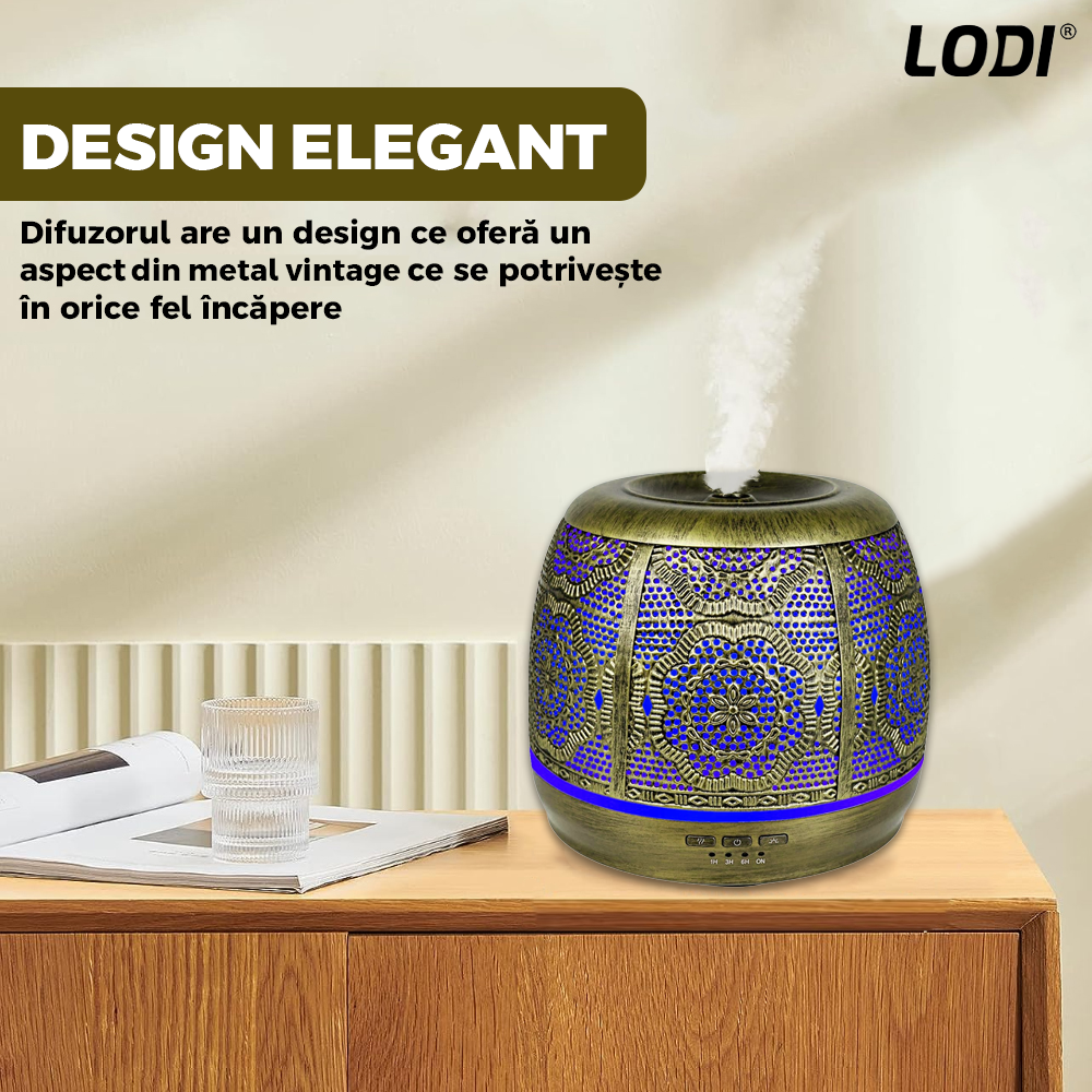Difuzor Aromaterapie Lodi684, din metal, design vintage, 7 culori LED, 2 jocuri de lumini, capacitate 500ml, silentios, umidifica aerul, bronz