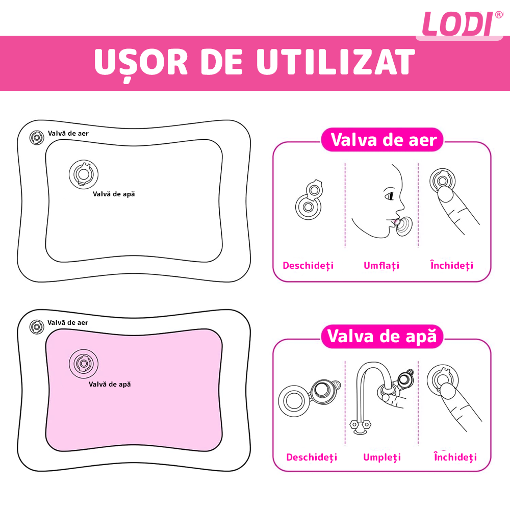 Saltea cu Apa pentru Bebelusi Lodi1207, centru de activitati si joaca, gonflabila, umpluta cu lichid, jucarii senzoriale tip animale marine, design distractiv, roz