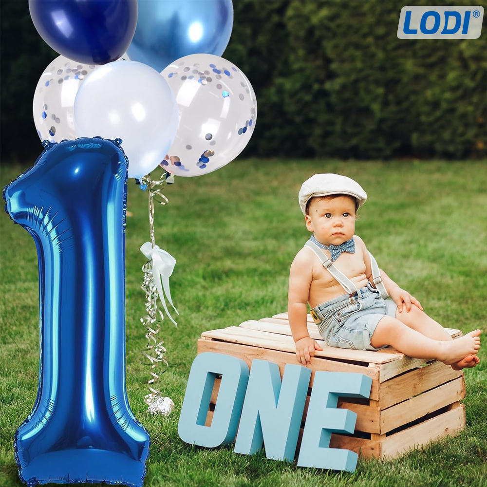 Set 12 Baloane Lodi1445, Cifra 1, pentru Petreceri/Aniversari/Evenimente, Stea/Rotunde/Confetti, 3 culori, latex, albastru