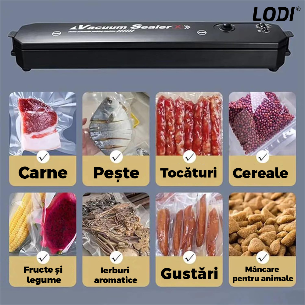 Aparat de Sigilat si Vidat Lodi1123, set 2 role de vidat gofrate 20 cm x 5 m cadou, alimente si obiecte, vidare umeda/uscata/soft, 90W, 220V, portabil, negru