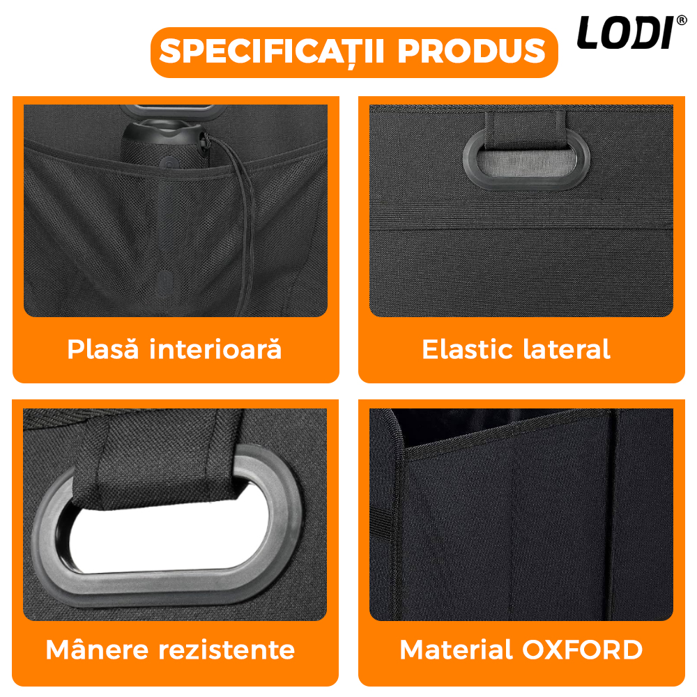 Organizator Auto Portbagaj Lodi294, 2 compartimente, pliabil, portabil, elastic de prindere, multifunctional, universal, negru
