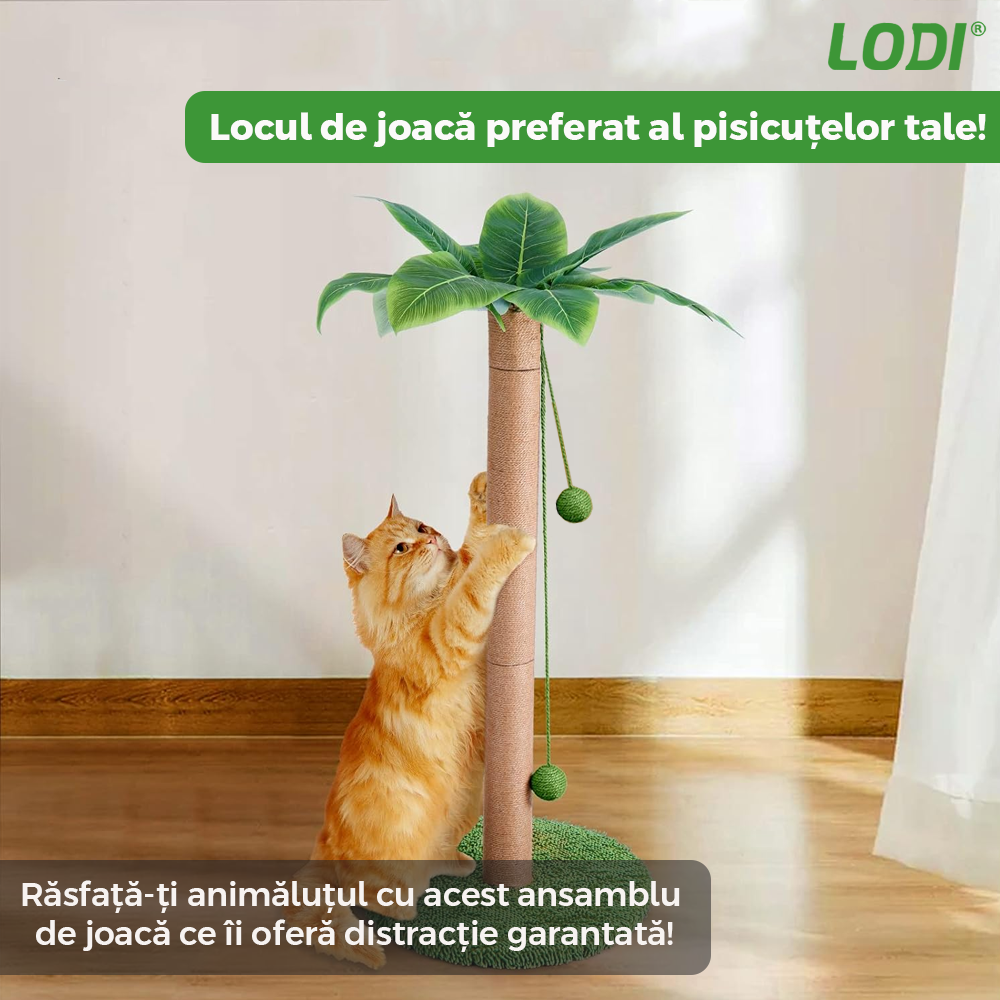 Ansamblu de Joaca pentru Pisici in Forma de Palmier Lodi1142, tip turn, 1 nivel, franghie si mingiute de joaca, stalpi pentru zgariat, captuseala extra moale, structura stabila, 85 cm, verde