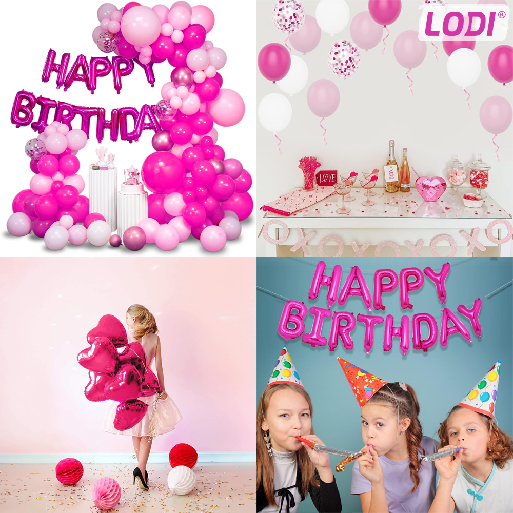 Set 25 Baloane Lodi755, Litere, pentru Petreceri/Aniversari/Evenimente, confetti, inimioare, model HAPPY BIRTHDAY, roz