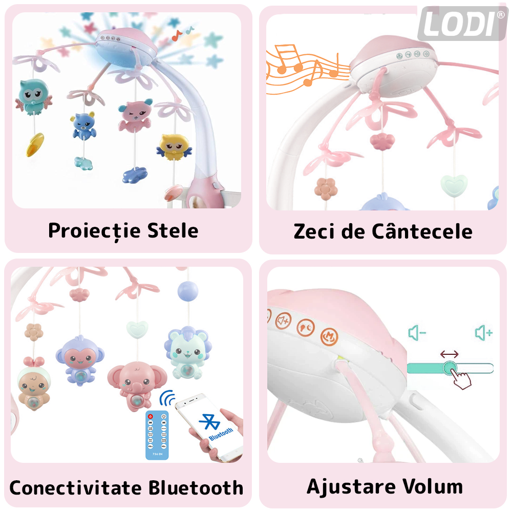 Carusel Muzical pentru Patut Lodi526, Bebe, control prin telecomanda, proiector, muzica si lumini, jucarii detasabile, roz