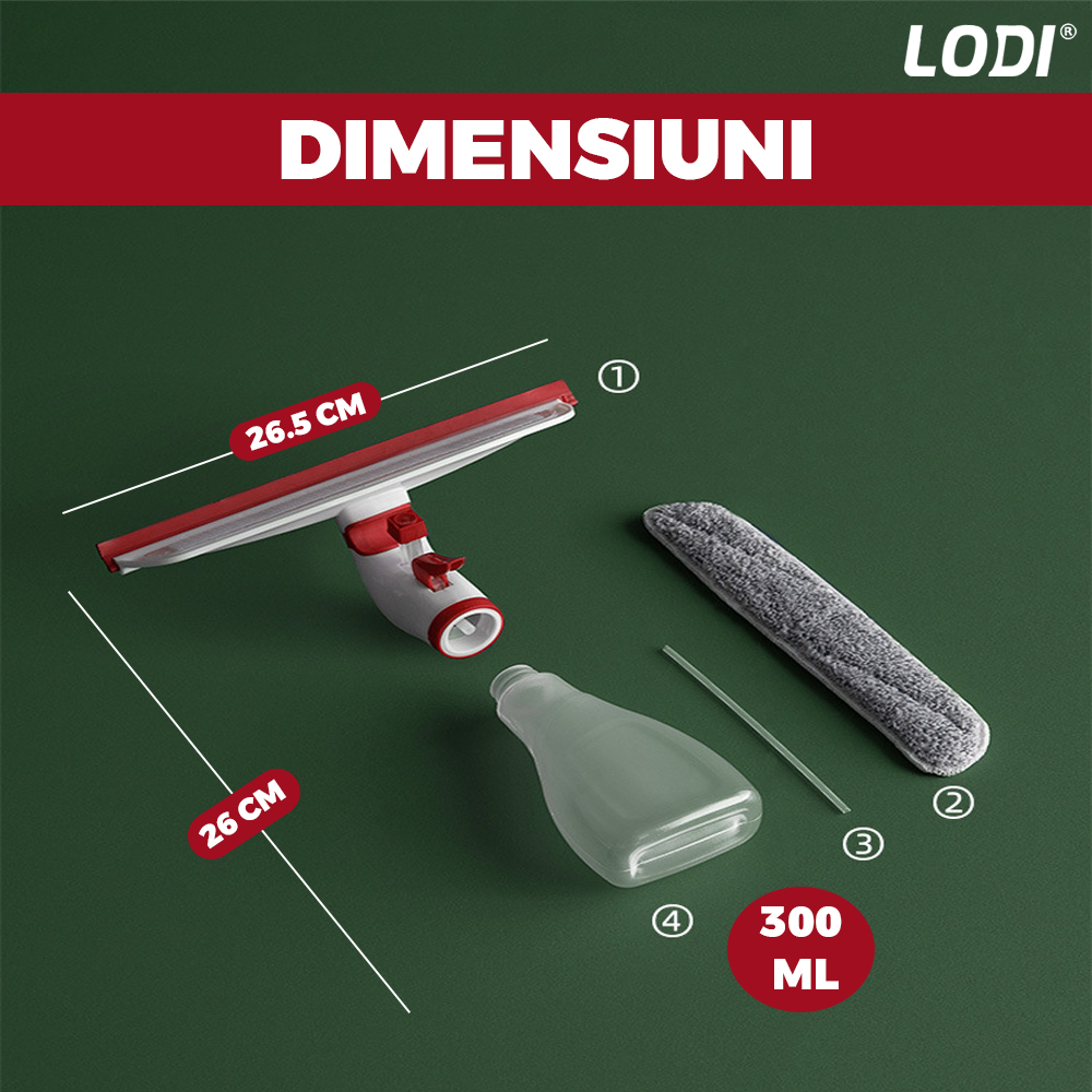 Stergator de Geamuri Multifunctional tip Sticla Lodi707, laveta detasabila, racleta pentru curatare si lustruire, sticla de spray incorporata, rosu
