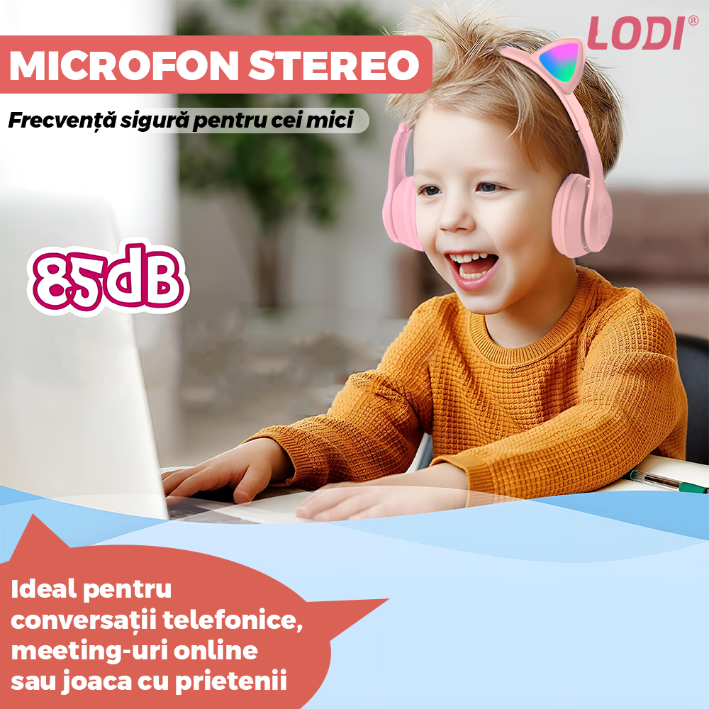 Casti Wireless Model Pisica Lodi951, P47M, overear, urechi de pisica cu iluminare RGB, bluetooth 5.0, handsfree, HiFi, bass stereo, roz