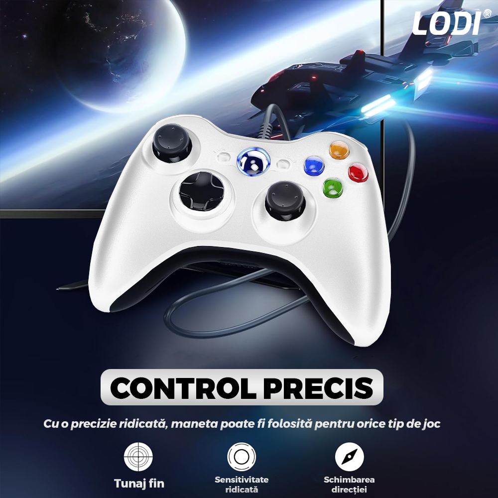 Controller de Joc cu Fir Lodi1426, compatibil cu Xbox 360/Slim/PC Windows 7/8/10, vibrații duble turbo cu 3 intensități, sensitivitate ridicată, cablu cu lungime de 2.5 m, alb