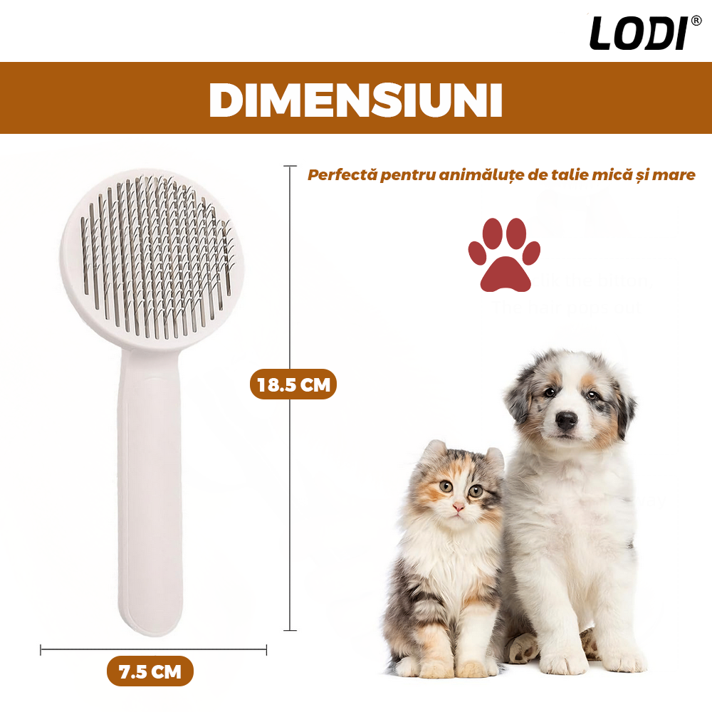 Perie pentru Curatarea si Ingrijirea Animalelor Lodi1129, buton auto-curatare, descalcire si prevenire naparlire, ingrijire si tundere blana, materiale calitative, 18.5 x 7.5 cm, alb