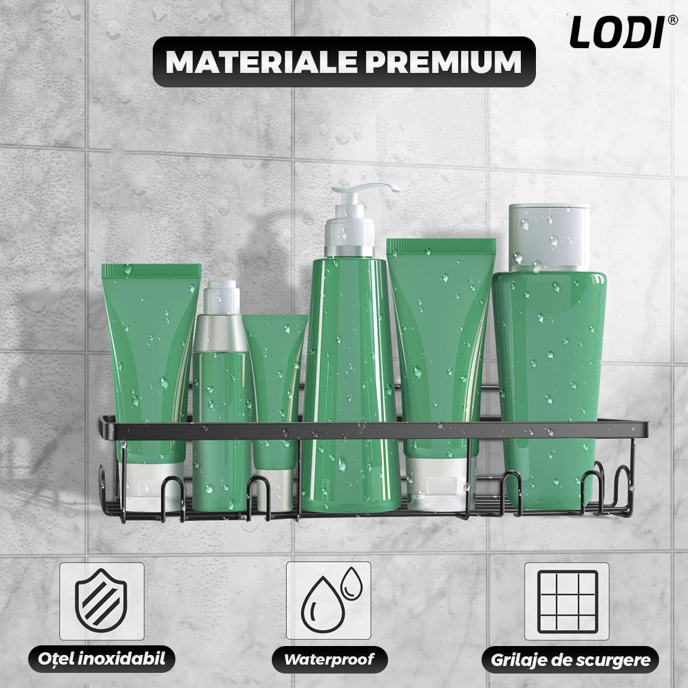 Set 2 Rafturi pentru Dus Lodi1265, depozitare si organizare, baie/bucatarie, otel inoxidabil, montare adeziva, rezistenta ridicata, cuiere incorporate, suporturi inalte, negru