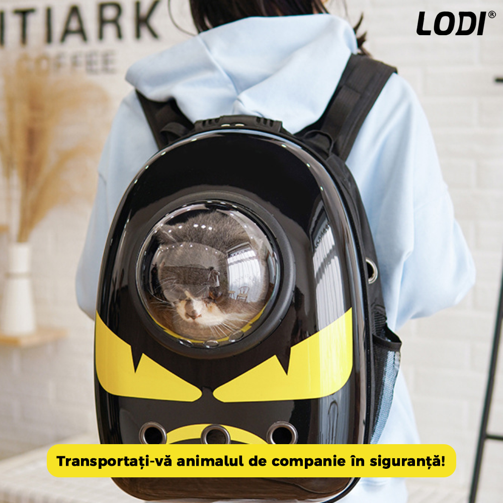 Rucsac Transport Animale Lodi24, greutate Max 7kg, hublou transparent, buzunar lateral, accesorii incluse, pentru talie mica, model Monstrulet, negru