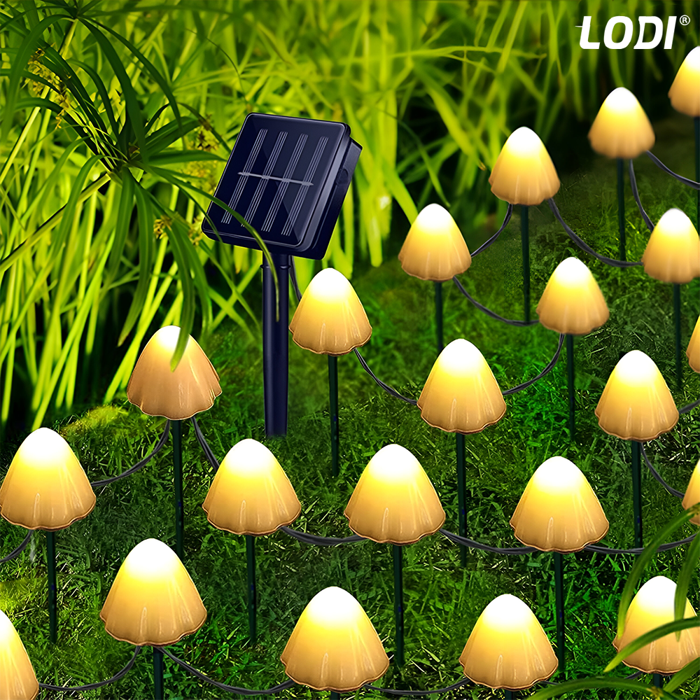 Set 10 Lampi Solare Tip Ciuperca Lodi1261, ghirlanda cu fixare la sol, panou solar, protectie Ip 65, aspect realistic, becuri LED, 8 moduri de iluminare, alb cald
