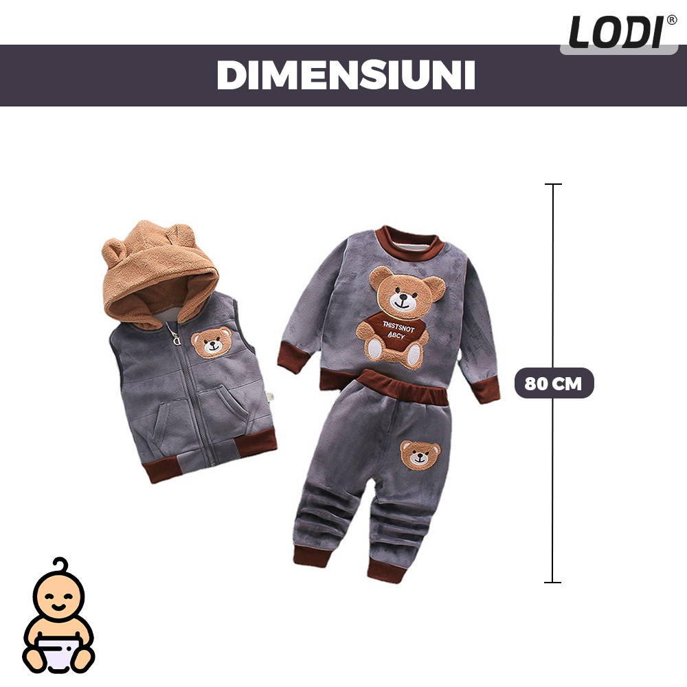 Compleu Copii din 3 Piese Lodi501, unisex, toamna-iarna, plus moale cu ursulet, bluza, pantaloni si vesta cu gluga pufoasa, 80 cm, gri