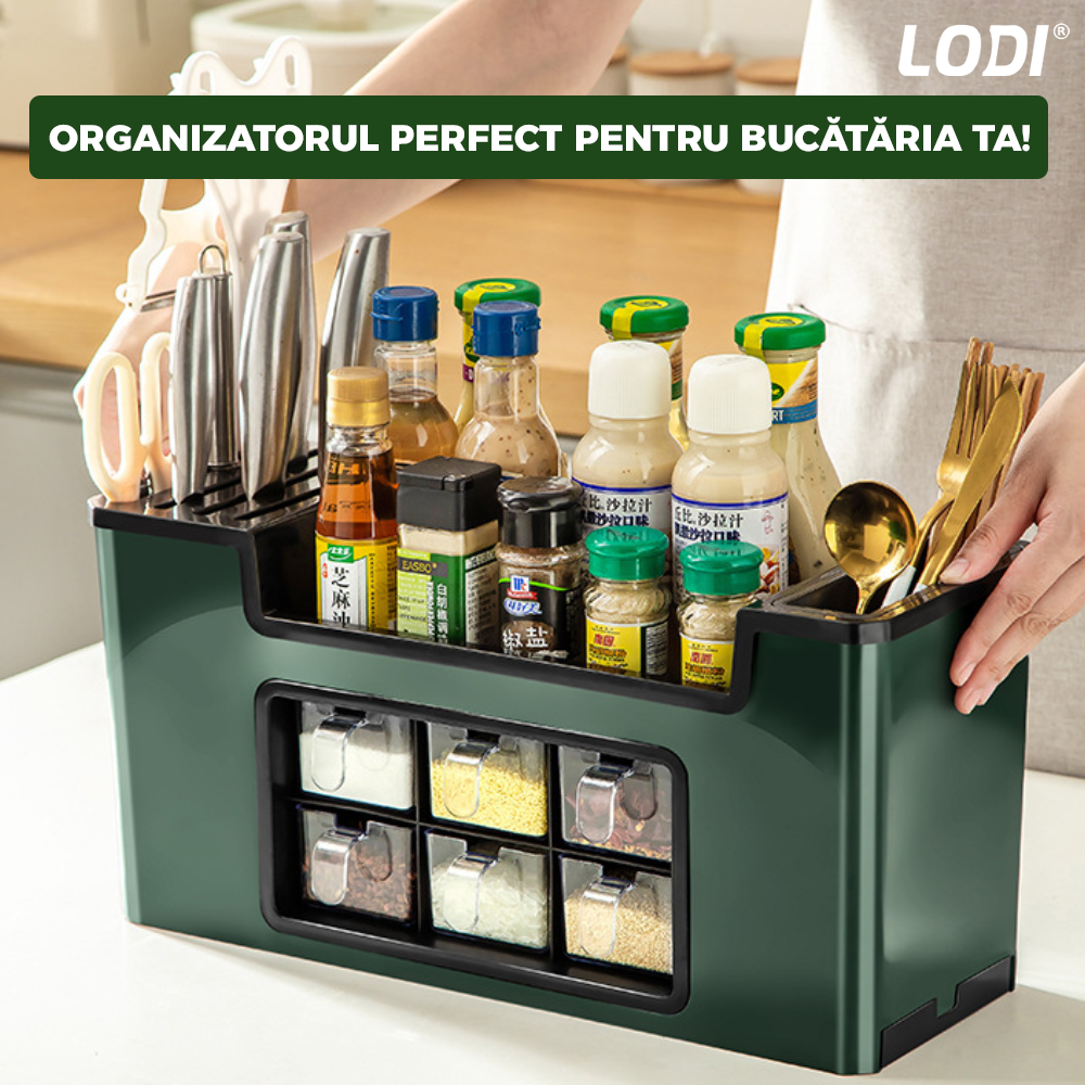 Organizator Multifunctional pentru Bucatarie Lodi533, 6 Compartimente, raft condimente, suport detasabil telefon, tavita de scurgere, suport tacamuri/ustensile, verde