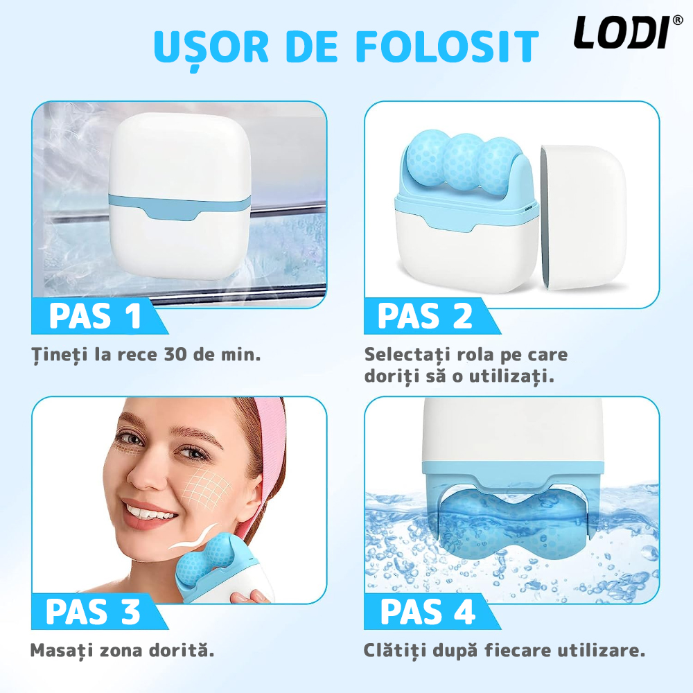 Rola de Masaj cu Gheata Lodi50, Ice Roller, 2 capete W si V, anti-aging, ingrijirea tenului, tonifiere, albastru/alb