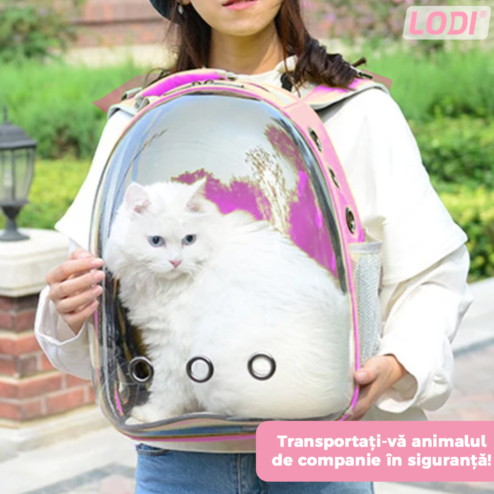 Rucsac Transport Animale Lodi373, greutate Max 7kg, hublou panoramic transparent, buzunar lateral, 2 iesiri, pentru talie mica, roz
