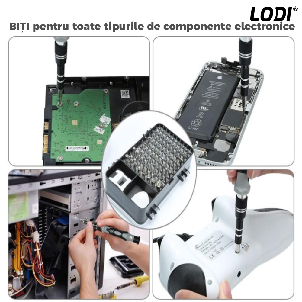 Set Trusa Surubelnite de Precizie 112 in 1 Lodi121, pentru Macbook, iMac, iPhone, electronice, telefon, PC, otel S2, varf magnetic, negru