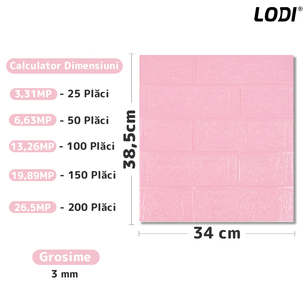 Set Tapet Mic Caramida 3D Lodi105, suprafata acoperire 3.31 mp, autoadeziv, waterproof, usor de montat, design modern, 38.5x34 cm, roz