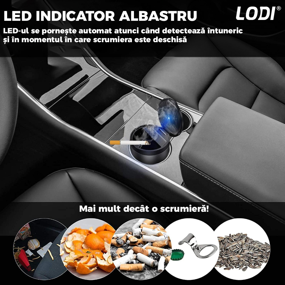 Scrumiera Auto Mini Car Ashtray Lodi112, indicator LED, deschidere inteligenta, interior metal, 3 compartimente detasabile, design elegant, negru