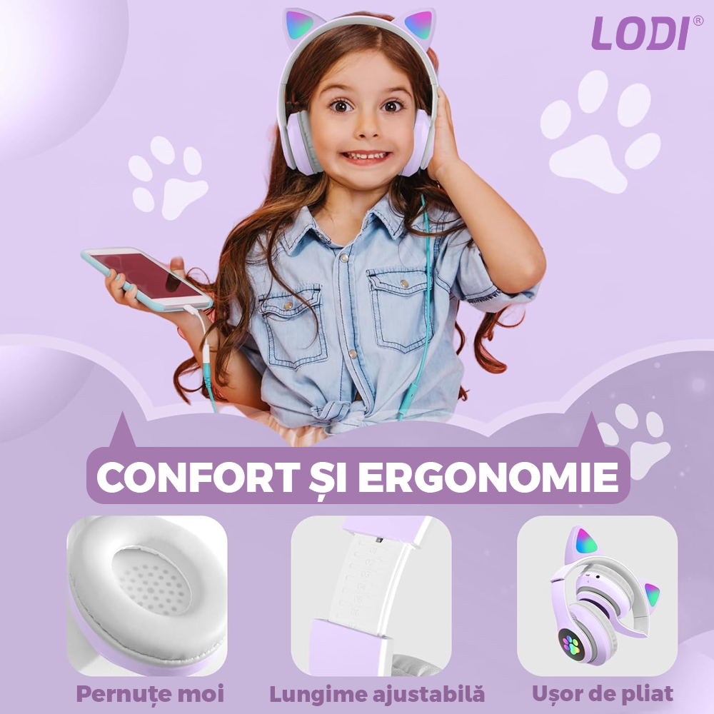 Casti Wireless Model Pisica Lodi947, STN-28, overear, urechi de pisica cu iluminare RGB, bluetooth 5.0, handsfree, HiFi, bass stereo, lila