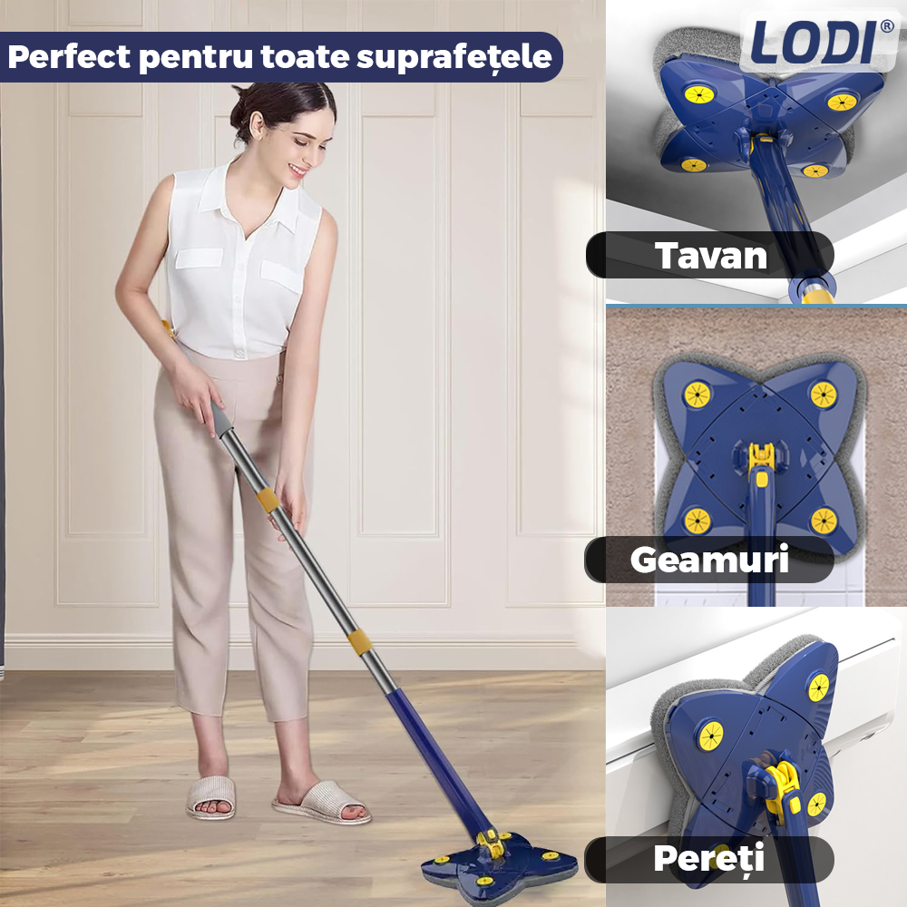 Mop cu Cap in Forma de Stea Lodi1153, rotire 360 grade, telescopic, curatare usoara, 2 lavete incluse, 123 cm, albastru/galben