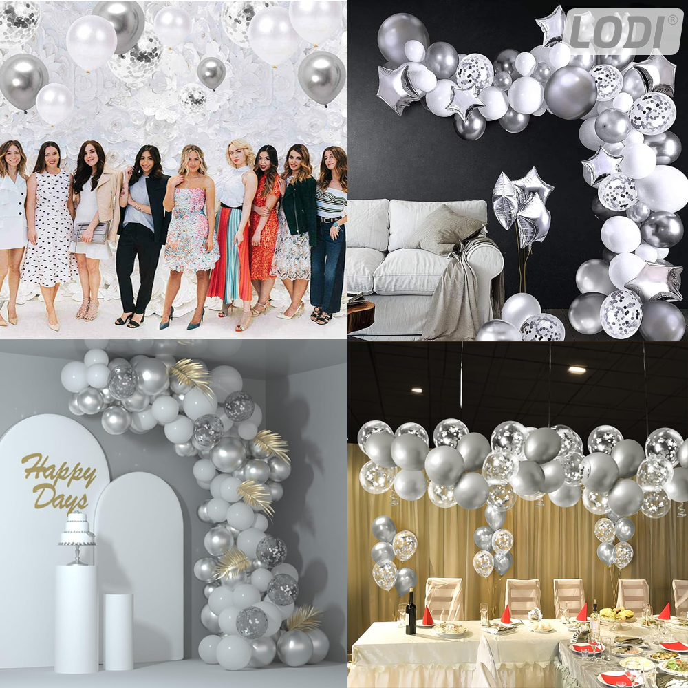 Set 10 Baloane Lodi770, Confeti, pentru Petreceri/Aniversari/Evenimente, o singura dimensiune, 2 culori, latex, argintiu