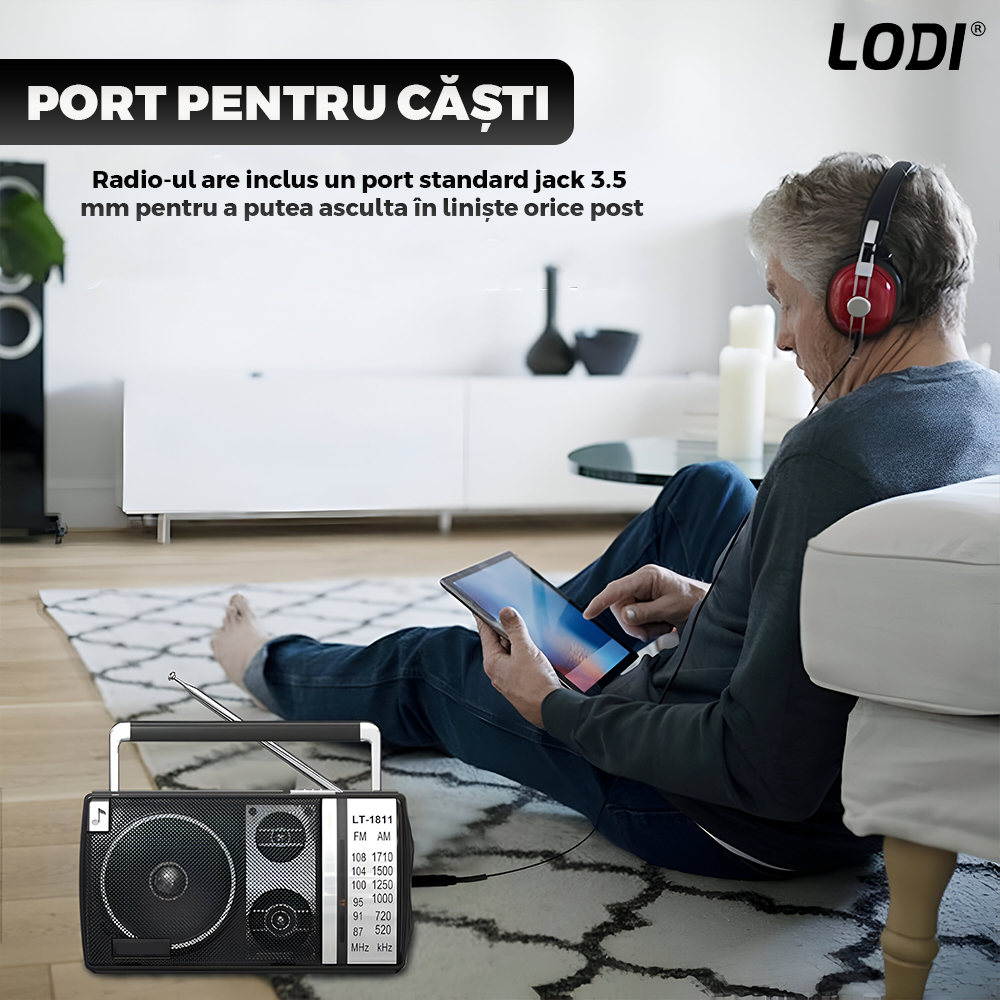 Radio Portabil Lodi1263, FM/AM, mod dual de alimentare, baterii/la priza, receptie ridicata ce prinde posturi regionale/la sate, port jack 3.5 mm, negru