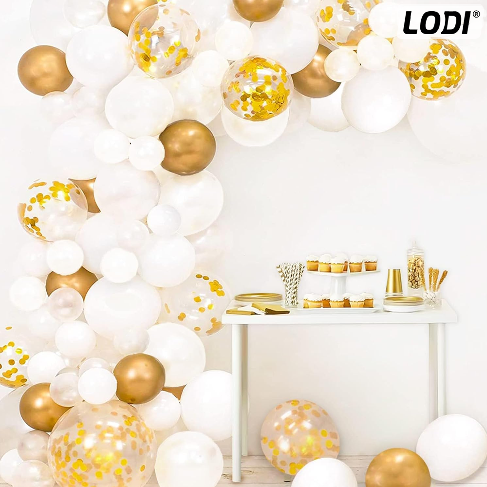 Set 105 Baloane Lodi1489, Tip Arcada, pentru Petreceri/Aniversari/Evenimente, diverse modele, umplute cu confetti, latex, alb/auriu
