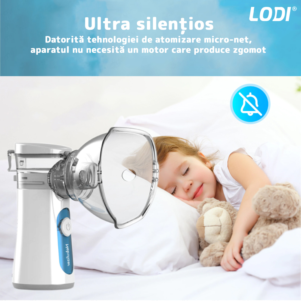 Aparat Aerosoli Lodi36 Nebulizator portabil ultrasonic, accesorii incluse, tehnologie mesh, 0.4ml/min, silentios, alb