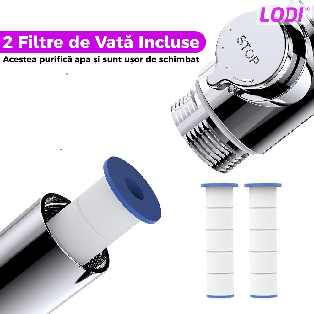 Para de Dus Turbo Lodi199, 2 filtre extra, buton On/Off, presiune ajustabila, filtrare apa, jet uniform, cap Rotativ 360°, mov