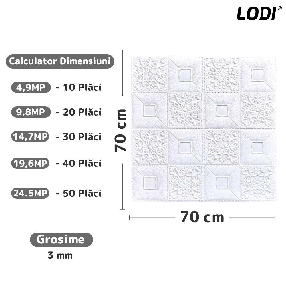 Set Tapet 3D Lodi62, suprafata acoperire 4.9 mp, autoadeziv, perete/tavan, waterproof, usor de montat, design modern, 70x70 cm, alb