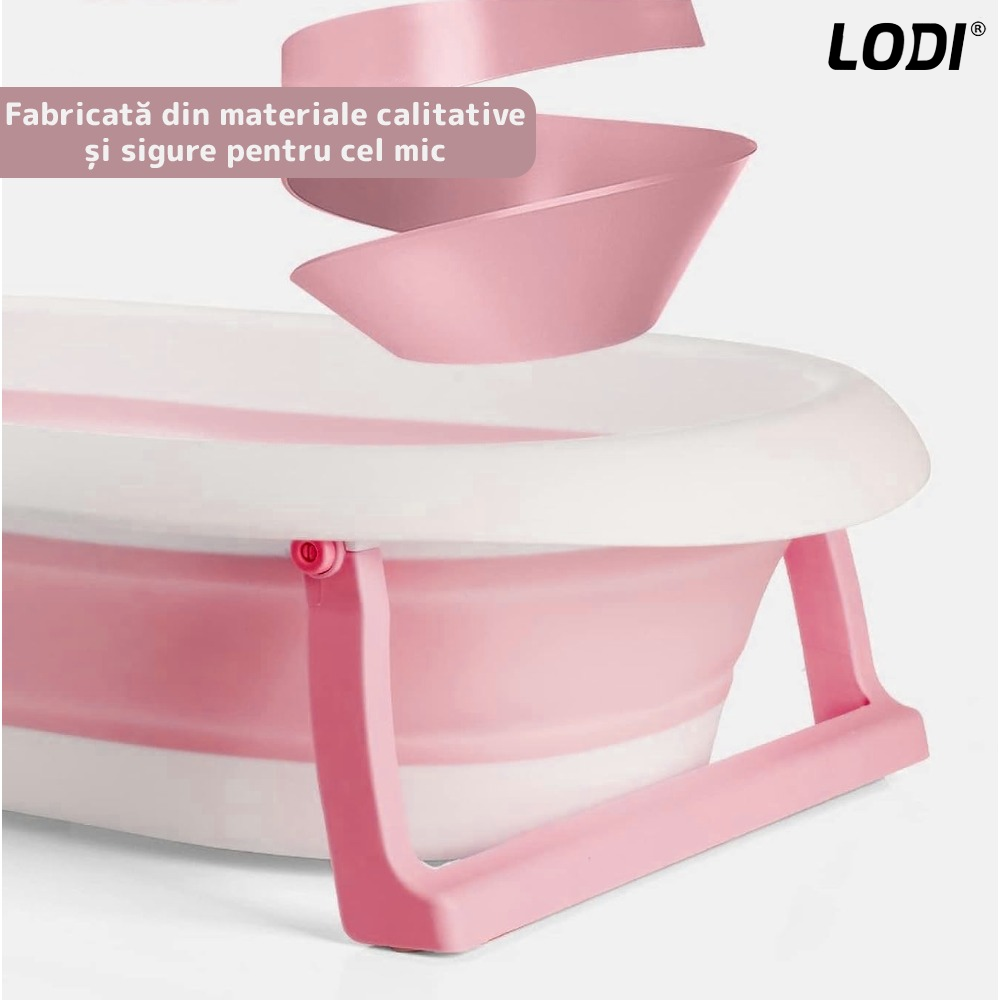 Cadita cu Pernuta pentru Bebelusi Lodi1315, casca de protectie inclusa, termometru digital incorporat, pliabila, dop de scurgere, picioare anti-alunecare, design ergonomic, 75 x 45 x 22, roz