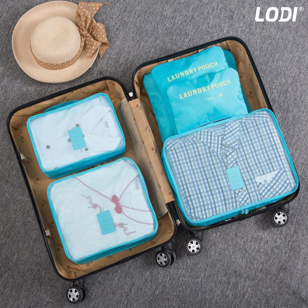 Set 6 Organizatoare Lodi670, pentru calatorie, diferite marimi, bagaj de voiaj, valiza, troler, genti, haine, accesorii, inchidere cu fermoar dublu, plasa, albastru deschis