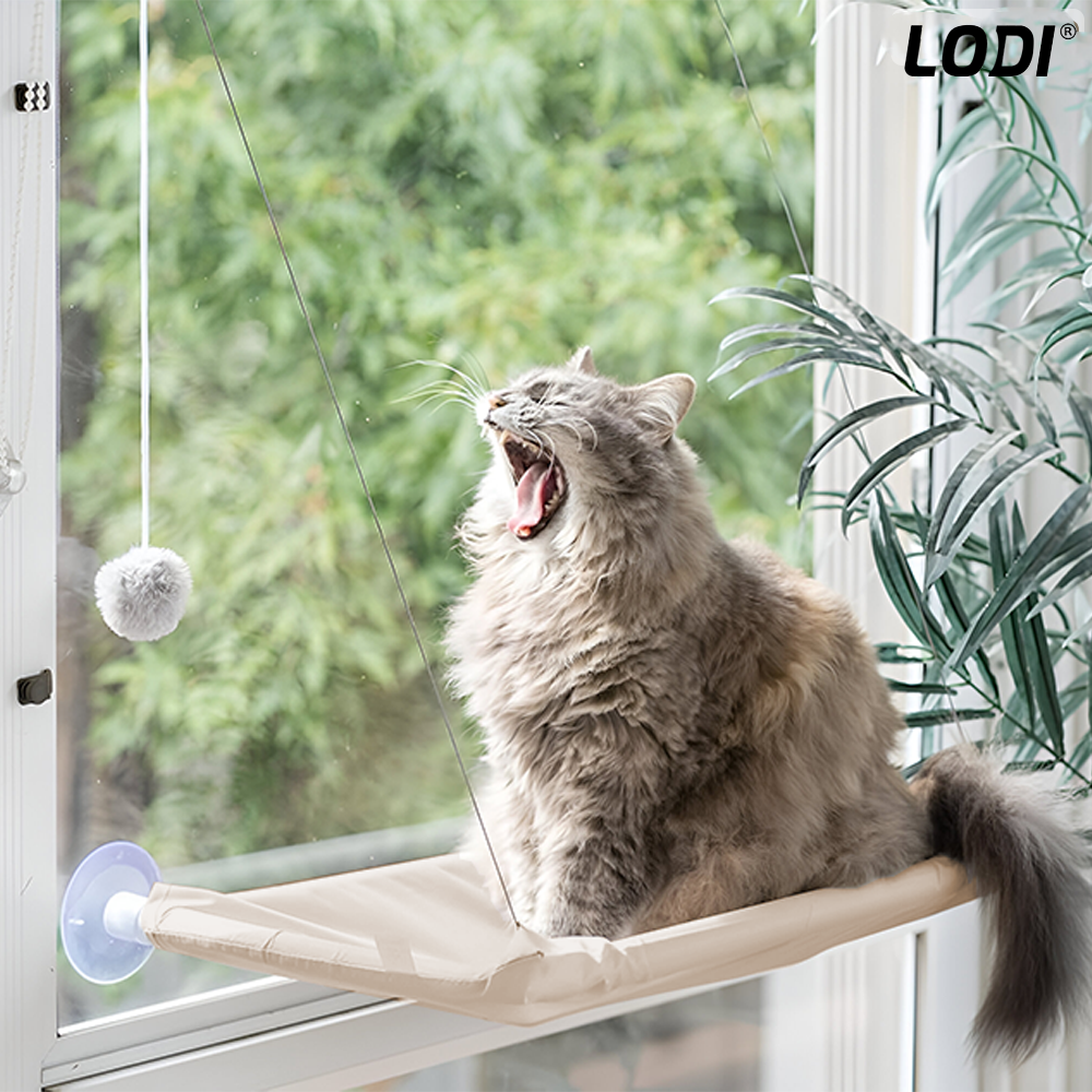 Hamac pentru Pisici Lodi1269, pat suspendat, montaj pe geam/suprafete uniforme lucioase, capacitate de pana la 15 kg, rezistent, ventuze de prindere, 35x55 cm, bej