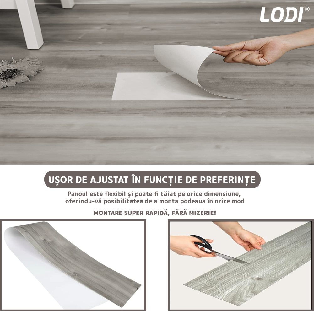 Set 72 Placi de Pardoseala Autoadezive Tip Parchet Lodi681, durabile, adeziv puternic, PVC, 914.4mm x152.4mm, mm 4.9 m²/box, gri dungi