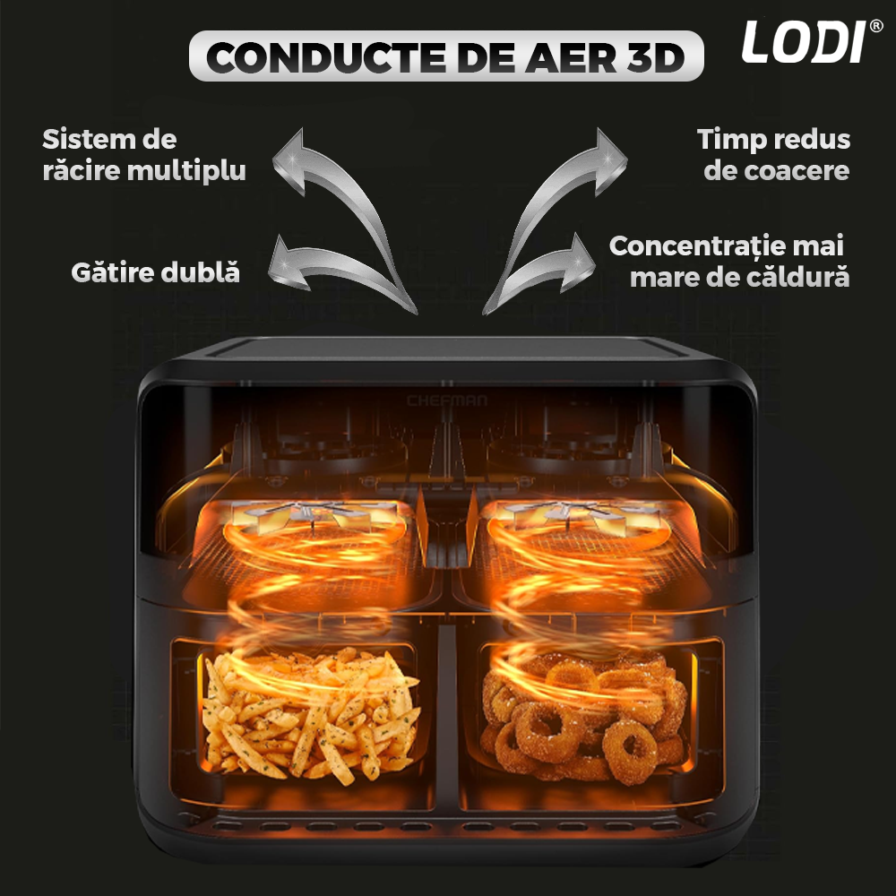 Friteuza Dubla Fara Ulei Air Fryer Lodi855, 100 tavi de copt cadou,tehnologie smart sensing, programe smart chef automate, afisaj digital, capacitate 8 L, tehnologie de eliminare a grasimii, functie de pastrare la cald,tensiune alimentare 220-240 V, negru